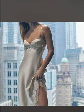 Zara Cream Asymmetrical Slip Dress with Lace Trim